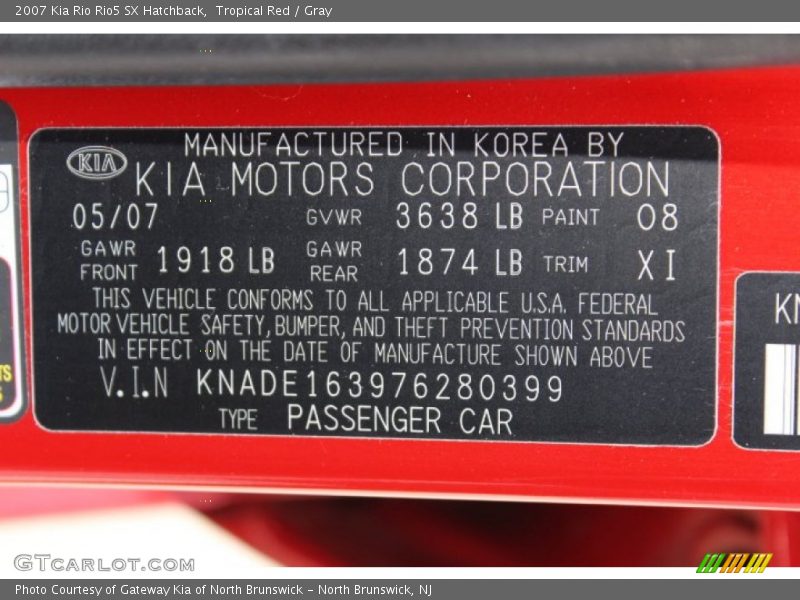 2007 Rio Rio5 SX Hatchback Tropical Red Color Code 08