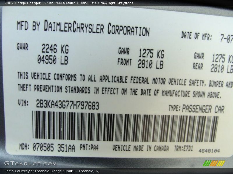 Silver Steel Metallic / Dark Slate Gray/Light Graystone 2007 Dodge Charger