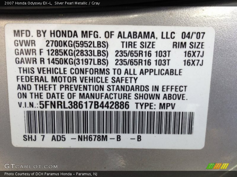 Silver Pearl Metallic / Gray 2007 Honda Odyssey EX-L