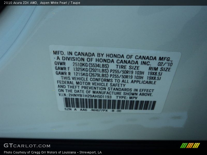 2010 ZDX AWD Aspen White Pearl Color Code NH677PX