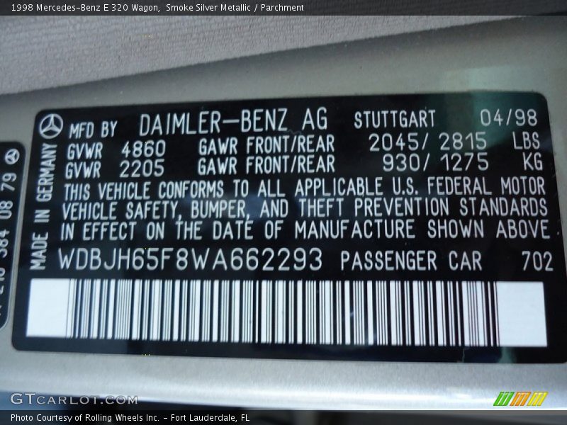 Info Tag of 1998 E 320 Wagon