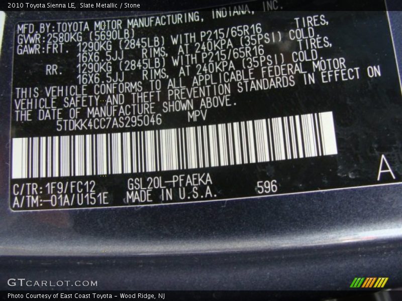 Slate Metallic / Stone 2010 Toyota Sienna LE