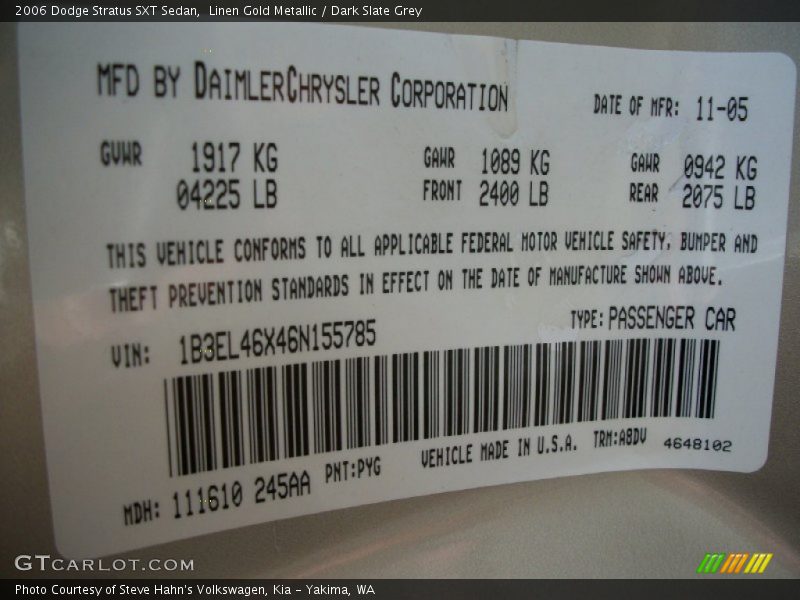 Linen Gold Metallic / Dark Slate Grey 2006 Dodge Stratus SXT Sedan