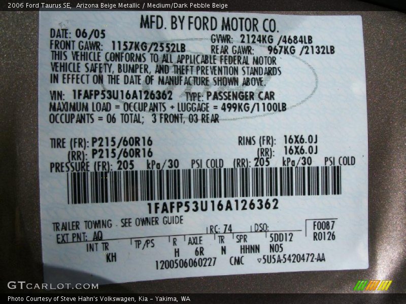2006 Taurus SE Arizona Beige Metallic Color Code AQ
