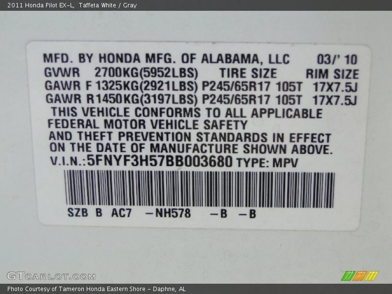 Taffeta White / Gray 2011 Honda Pilot EX-L