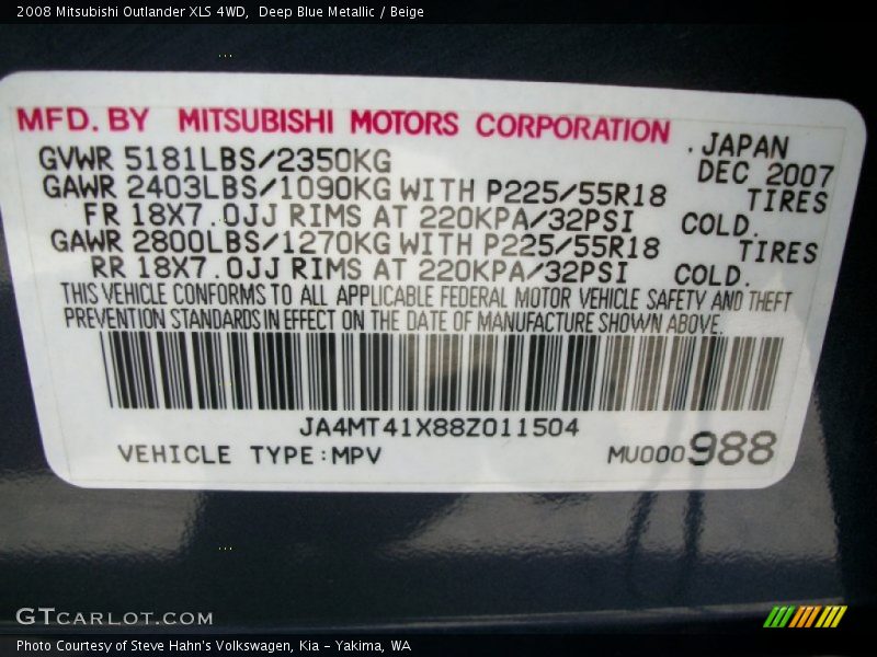 Deep Blue Metallic / Beige 2008 Mitsubishi Outlander XLS 4WD