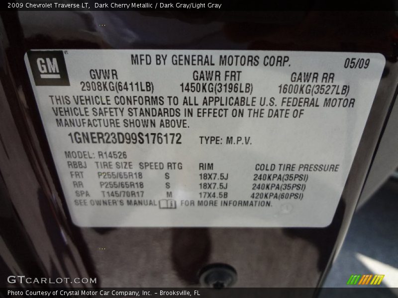 Dark Cherry Metallic / Dark Gray/Light Gray 2009 Chevrolet Traverse LT