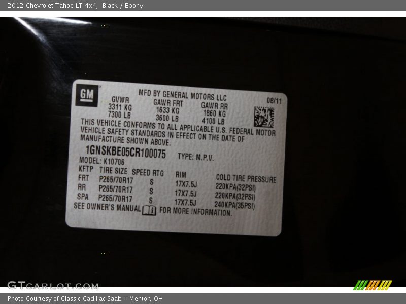 Black / Ebony 2012 Chevrolet Tahoe LT 4x4