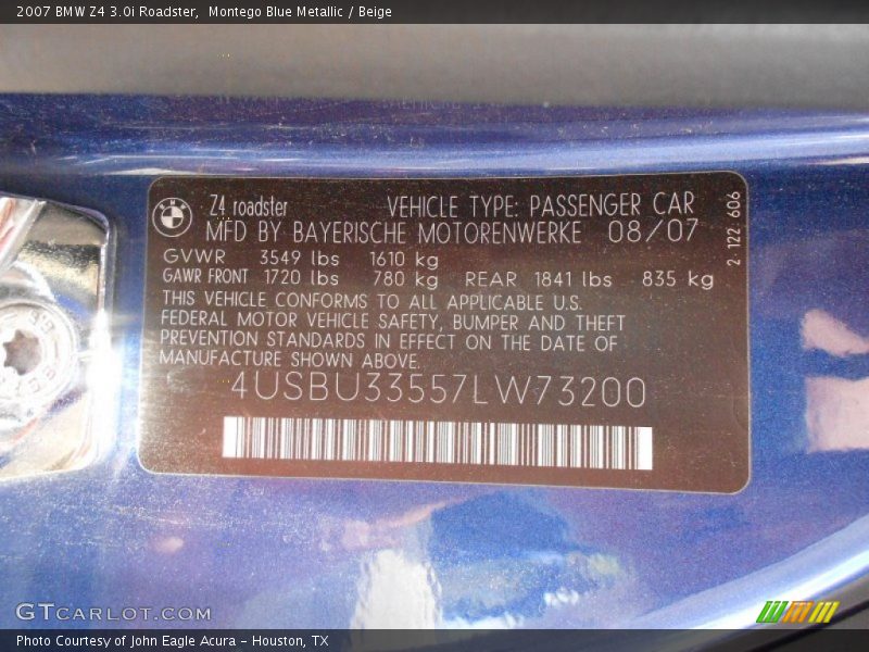 Info Tag of 2007 Z4 3.0i Roadster