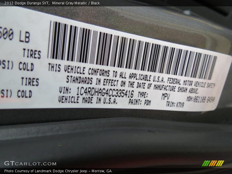 Mineral Gray Metallic / Black 2012 Dodge Durango SXT