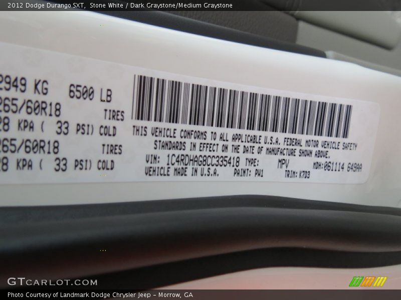 Stone White / Dark Graystone/Medium Graystone 2012 Dodge Durango SXT