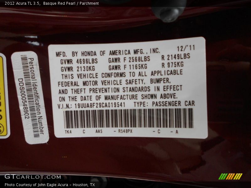 2012 TL 3.5 Basque Red Pearl Color Code R548PX