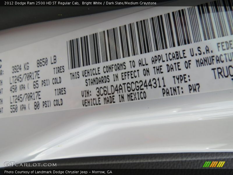 Bright White / Dark Slate/Medium Graystone 2012 Dodge Ram 2500 HD ST Regular Cab