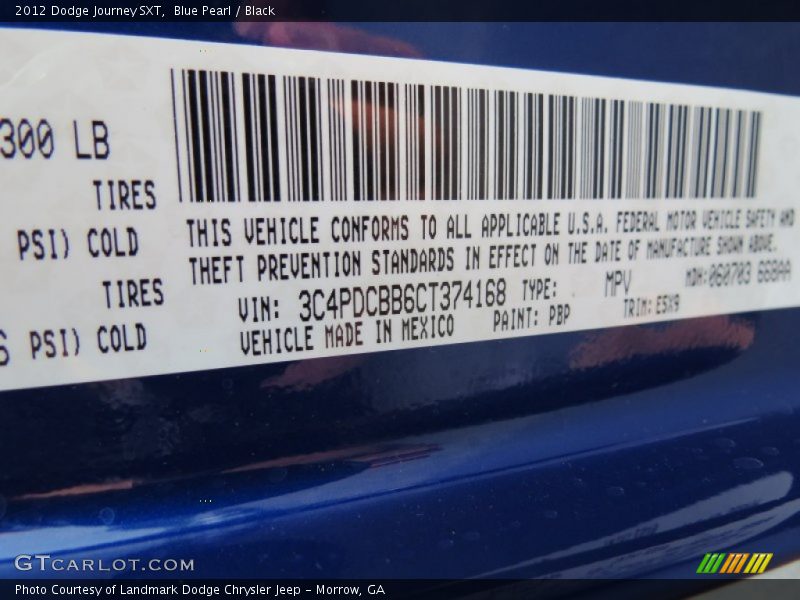 2012 Journey SXT Blue Pearl Color Code PBP
