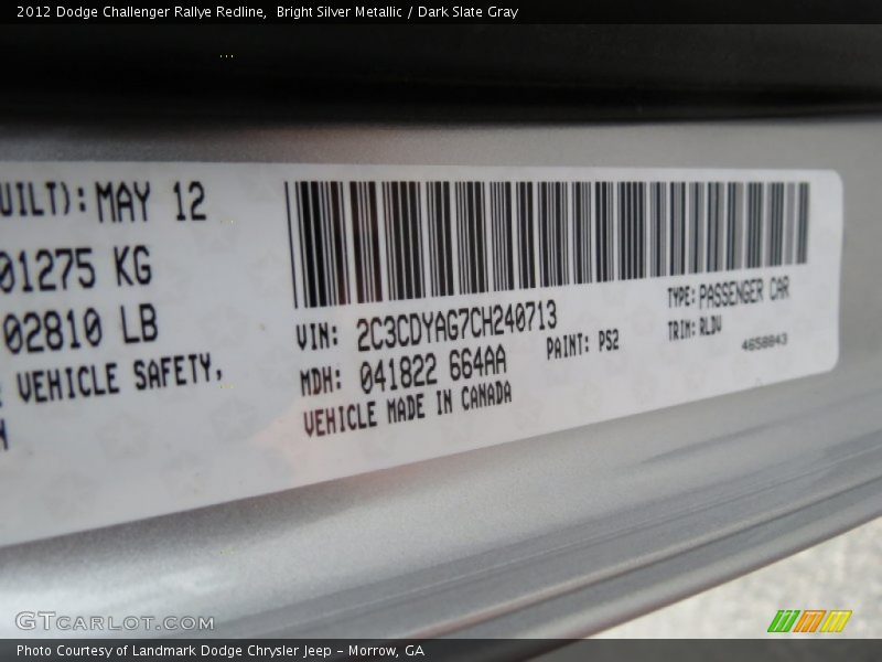 Bright Silver Metallic / Dark Slate Gray 2012 Dodge Challenger Rallye Redline