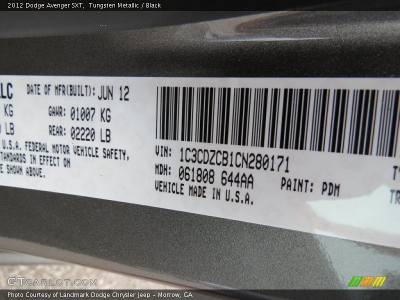 Tungsten Metallic / Black 2012 Dodge Avenger SXT