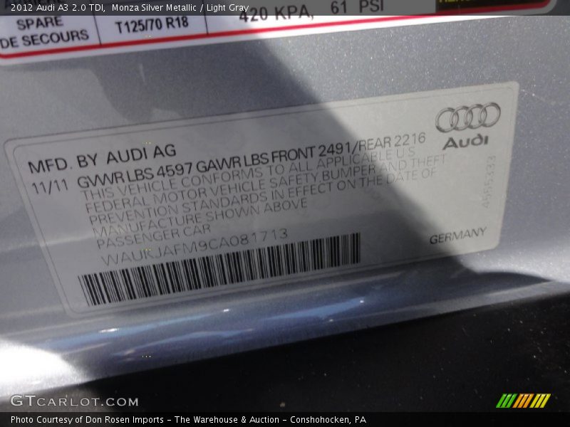 Monza Silver Metallic / Light Gray 2012 Audi A3 2.0 TDI