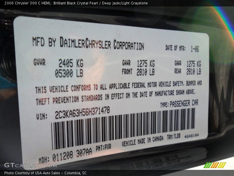 Brilliant Black Crystal Pearl / Deep Jade/Light Graystone 2006 Chrysler 300 C HEMI