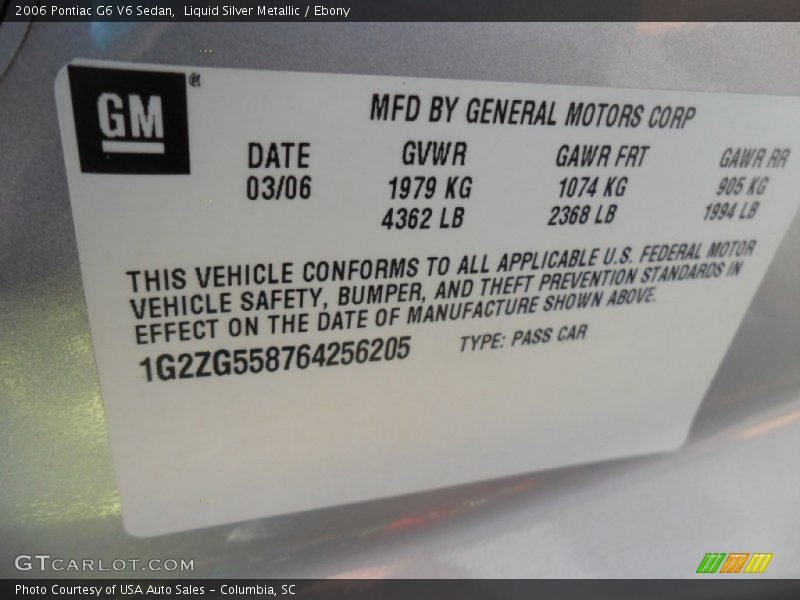 Liquid Silver Metallic / Ebony 2006 Pontiac G6 V6 Sedan