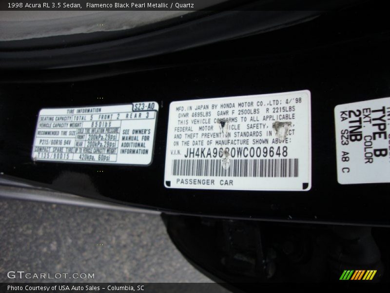 Info Tag of 1998 RL 3.5 Sedan