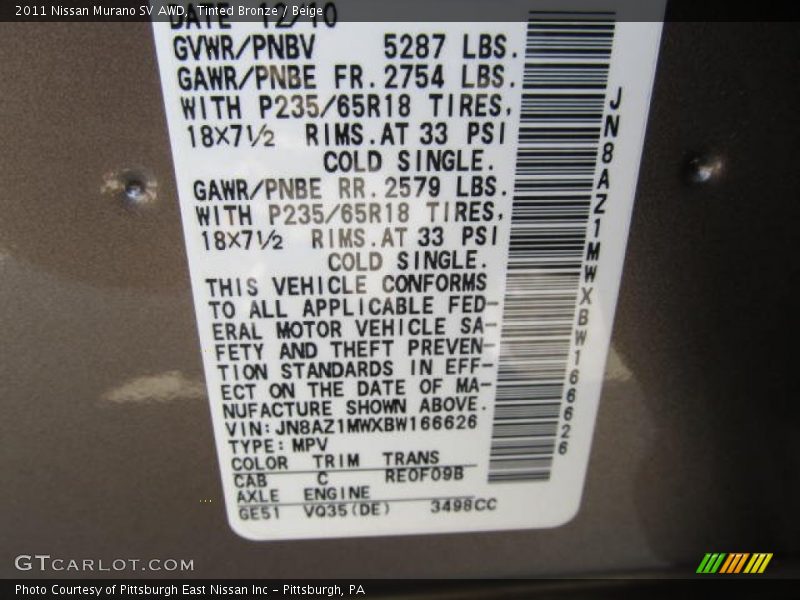 Tinted Bronze / Beige 2011 Nissan Murano SV AWD