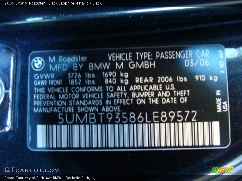Black Sapphire Metallic / Black 2006 BMW M Roadster