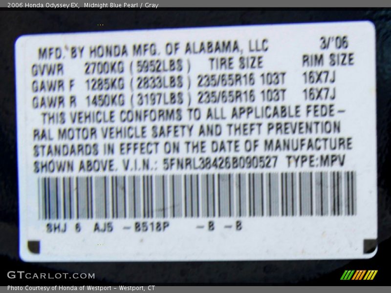 Midnight Blue Pearl / Gray 2006 Honda Odyssey EX