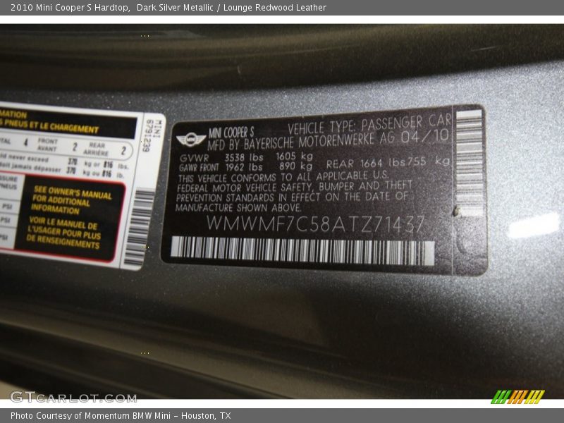 Dark Silver Metallic / Lounge Redwood Leather 2010 Mini Cooper S Hardtop