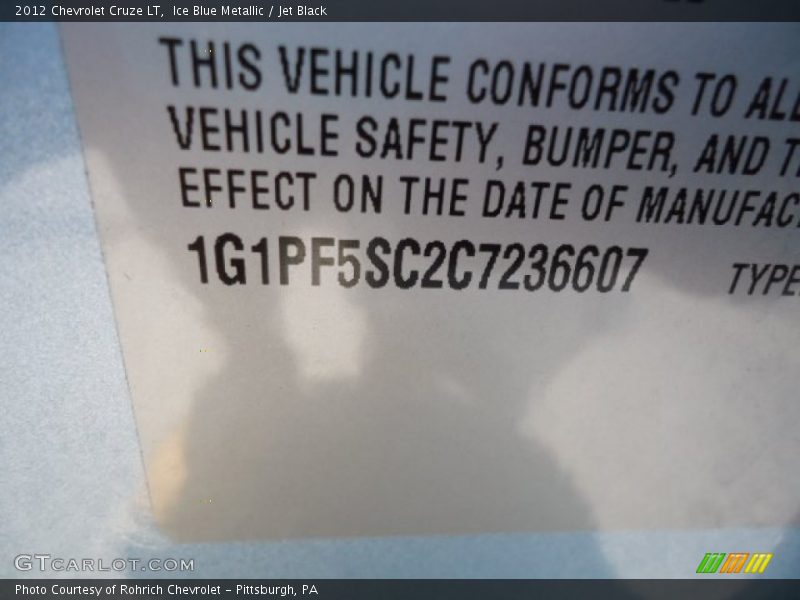 Ice Blue Metallic / Jet Black 2012 Chevrolet Cruze LT