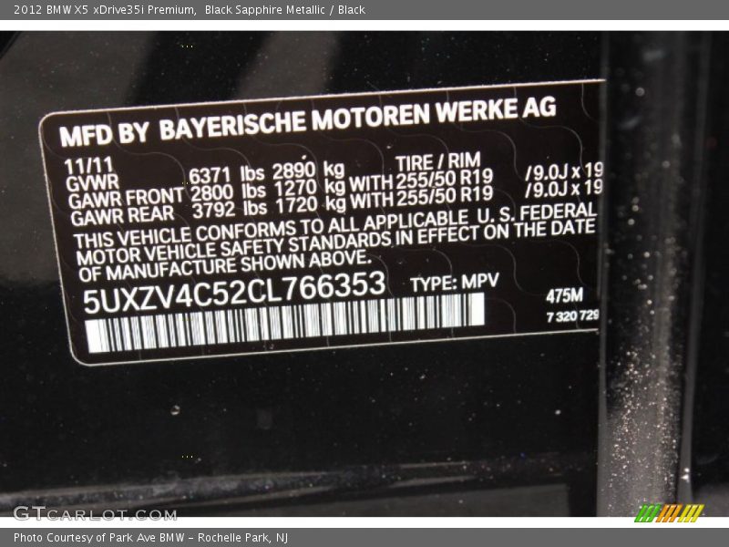 Black Sapphire Metallic / Black 2012 BMW X5 xDrive35i Premium