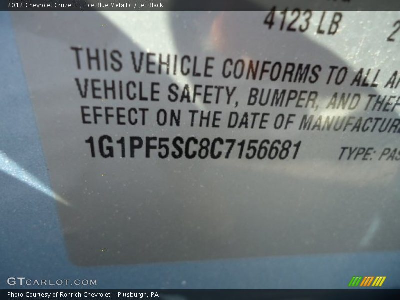 Ice Blue Metallic / Jet Black 2012 Chevrolet Cruze LT