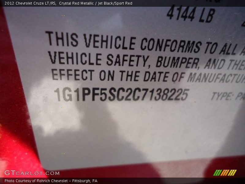 Crystal Red Metallic / Jet Black/Sport Red 2012 Chevrolet Cruze LT/RS