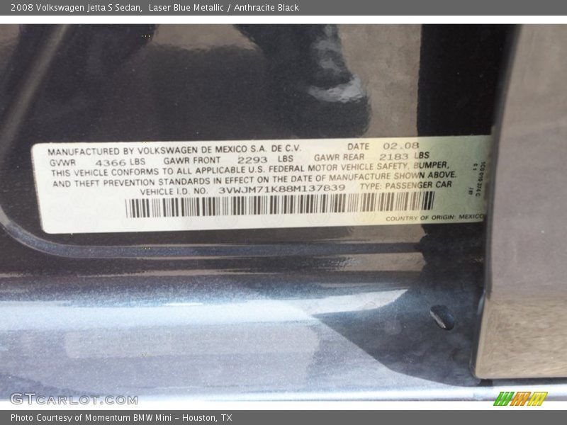 Laser Blue Metallic / Anthracite Black 2008 Volkswagen Jetta S Sedan