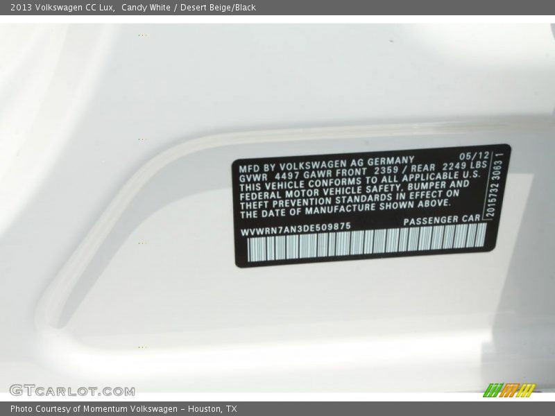 Candy White / Desert Beige/Black 2013 Volkswagen CC Lux