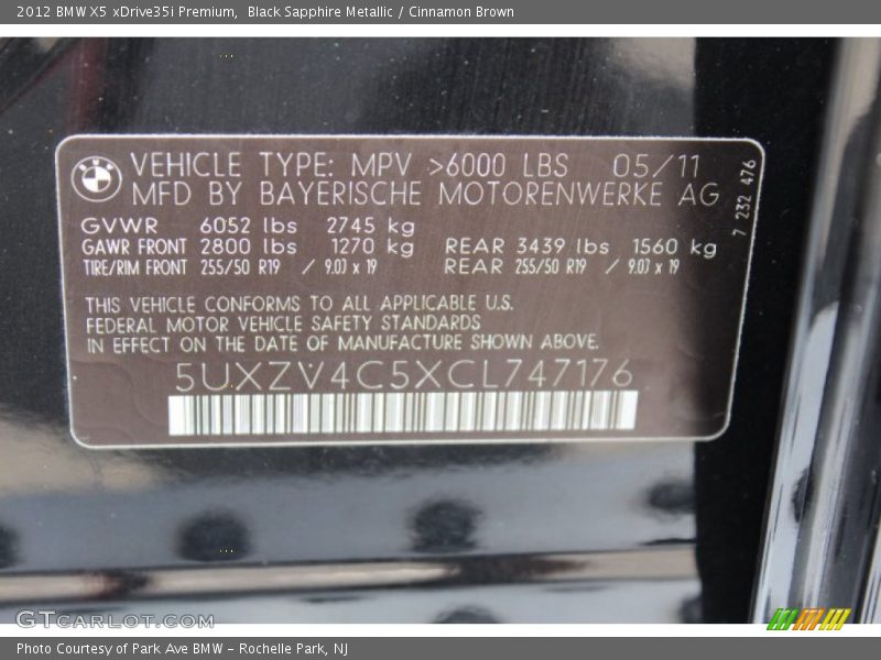 Black Sapphire Metallic / Cinnamon Brown 2012 BMW X5 xDrive35i Premium