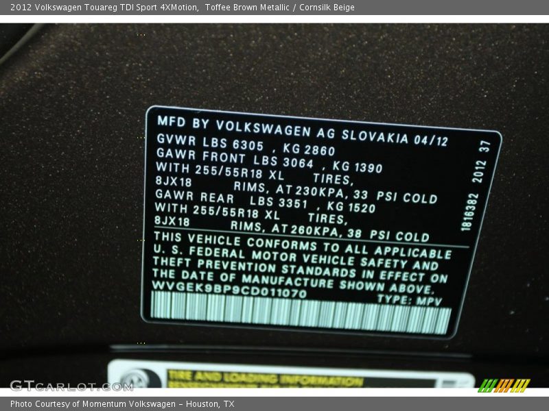 Toffee Brown Metallic / Cornsilk Beige 2012 Volkswagen Touareg TDI Sport 4XMotion