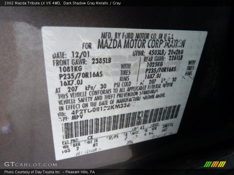 Dark Shadow Gray Metallic / Gray 2002 Mazda Tribute LX V6 4WD