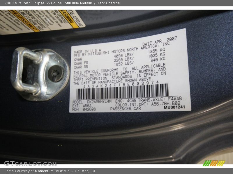 Still Blue Metallic / Dark Charcoal 2008 Mitsubishi Eclipse GS Coupe