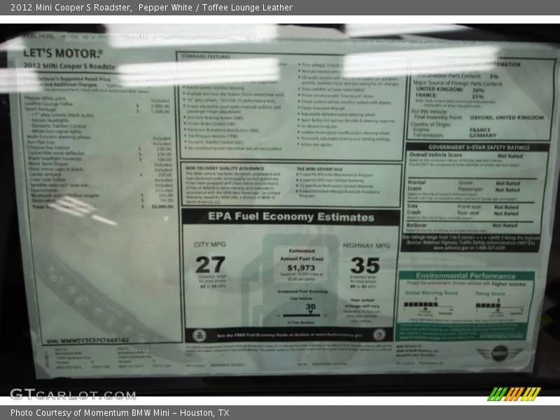  2012 Cooper S Roadster Window Sticker