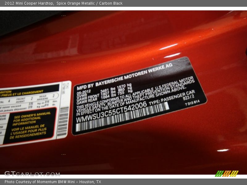 Spice Orange Metallic / Carbon Black 2012 Mini Cooper Hardtop