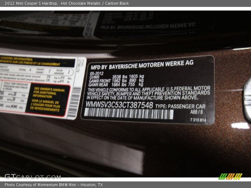 Hot Chocolate Metallic / Carbon Black 2012 Mini Cooper S Hardtop
