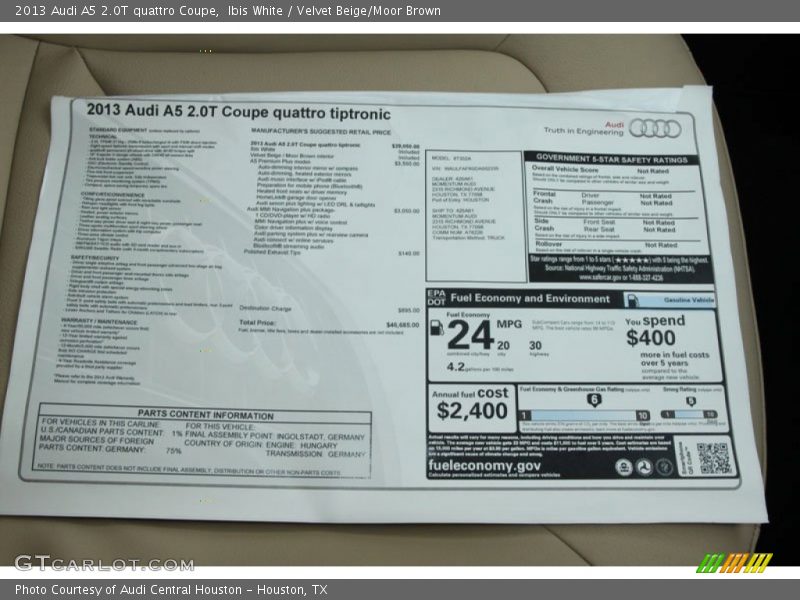  2013 A5 2.0T quattro Coupe Window Sticker