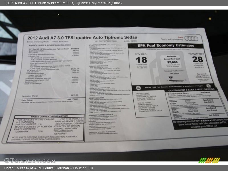 Quartz Grey Metallic / Black 2012 Audi A7 3.0T quattro Premium Plus