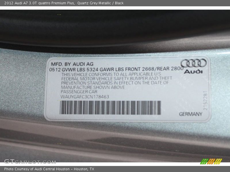 Quartz Grey Metallic / Black 2012 Audi A7 3.0T quattro Premium Plus