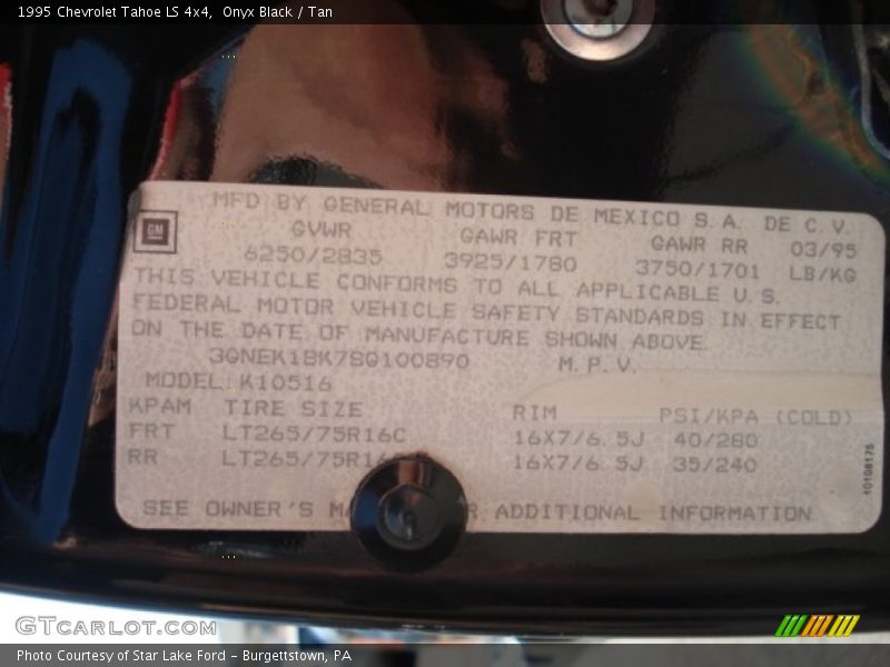 Info Tag of 1995 Tahoe LS 4x4