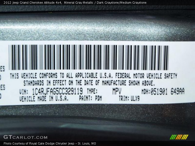 2012 Grand Cherokee Altitude 4x4 Mineral Gray Metallic Color Code PDM