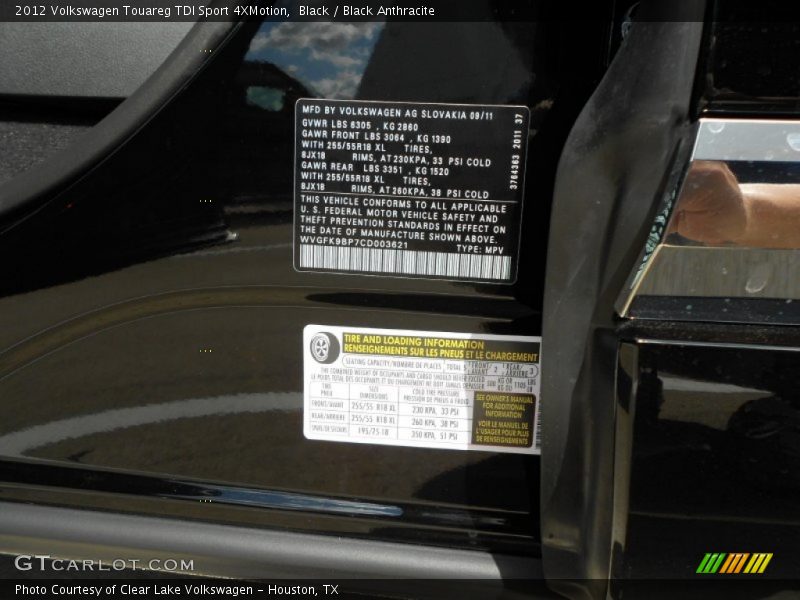 Black / Black Anthracite 2012 Volkswagen Touareg TDI Sport 4XMotion