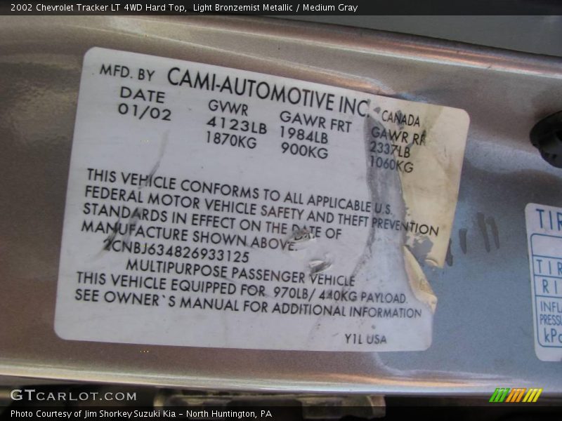 Light Bronzemist Metallic / Medium Gray 2002 Chevrolet Tracker LT 4WD Hard Top