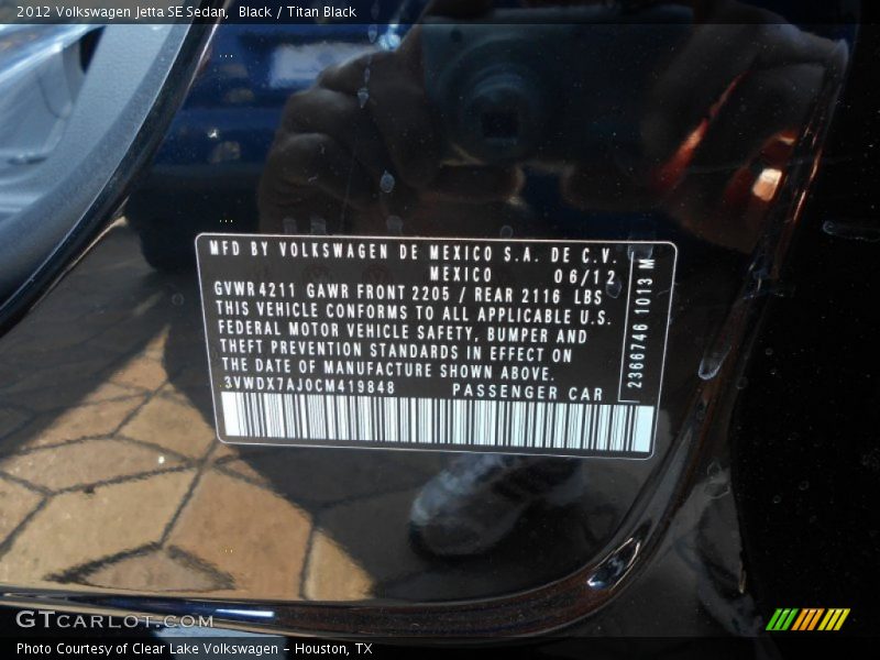 Black / Titan Black 2012 Volkswagen Jetta SE Sedan