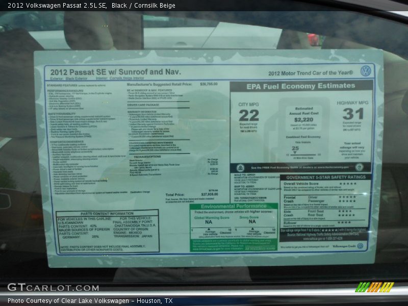 Black / Cornsilk Beige 2012 Volkswagen Passat 2.5L SE